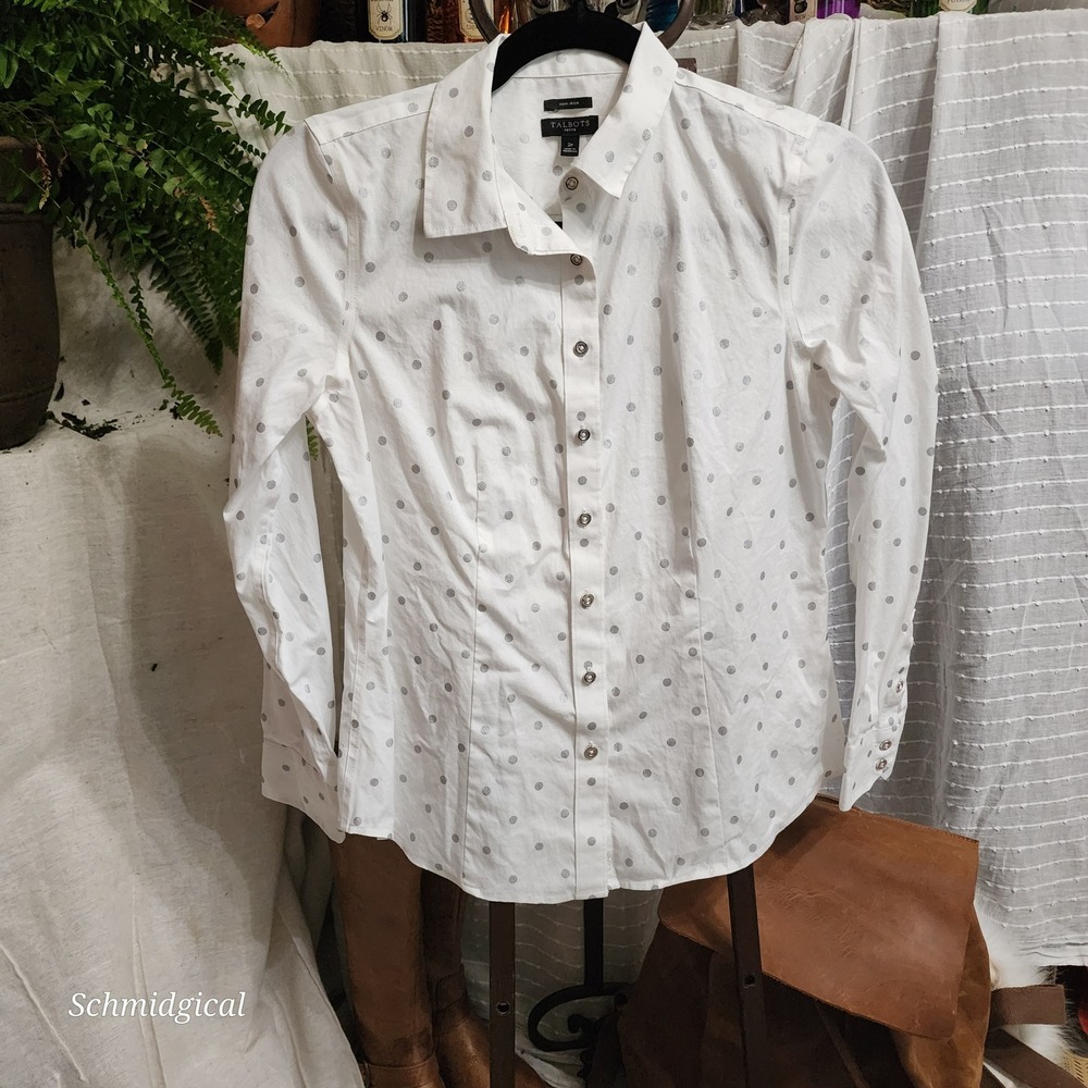 Talbots Petite Non-Iron White Silver Polka Dot Button Down Shirt Blouse 2P